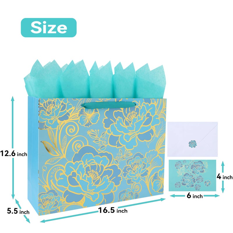 wishinside 16.5â€ Extra Large Rose Green Gift Bag Set with Handles, Greeting Card, Tissue Papers and Stickers for Women Girls for Birthday, Motherâ€™s Day, Wedding, Valentine's Day, Foil Traced Flowers Design, 1 Pcs - Image 2