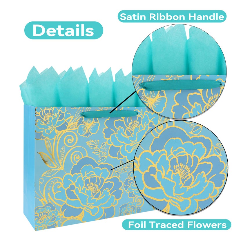 wishinside 16.5â€ Extra Large Rose Green Gift Bag Set with Handles, Greeting Card, Tissue Papers and Stickers for Women Girls for Birthday, Motherâ€™s Day, Wedding, Valentine's Day, Foil Traced Flowers Design, 1 Pcs - Image 4