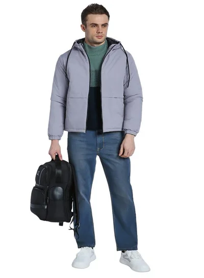 دينيس لينغو جاكيت رجالي رمادي سادة بغطاء رأس وأكمام كاملة بسحاب من البوليستر