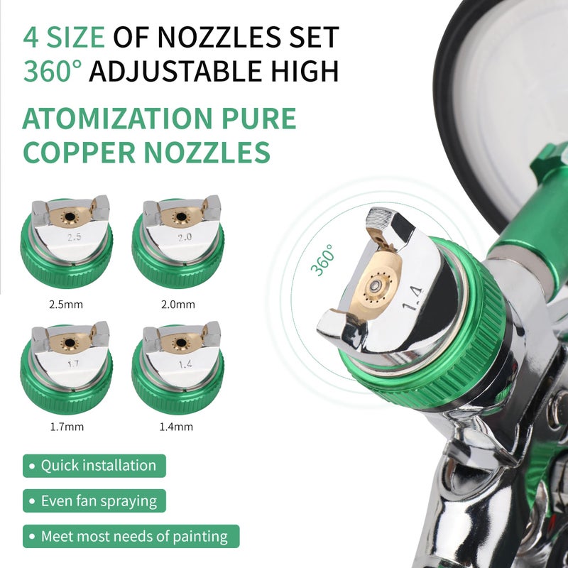 Zeinlenx HVLP Spray Gun with 10Pcs 600ML Disposable Paint Cups, 4 Nozzles,1.4/1.7/2.0/2.5mm, Automotive Gravity Feed Paint Spray Gun Kit with Air Compressor Regulator for Auto (Green) - Image 2