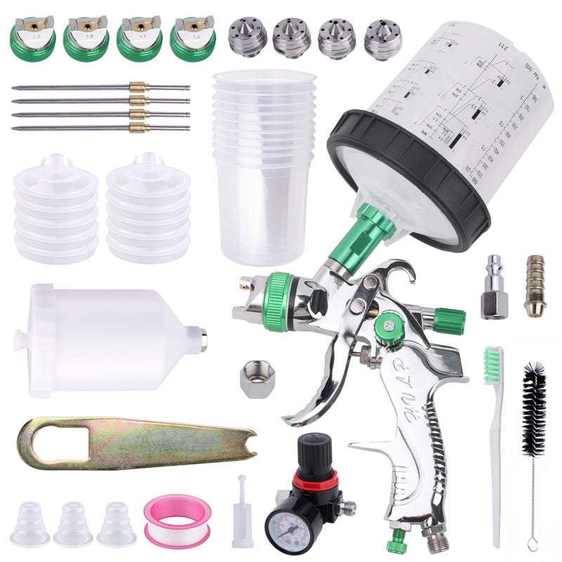 Zeinlenx HVLP Spray Gun with 10Pcs 600ML Disposable Paint Cups, 4 Nozzles,1.4/1.7/2.0/2.5mm, Automotive Gravity Feed Paint Spray Gun Kit with Air Compressor Regulator for Auto (Green) - Image 1