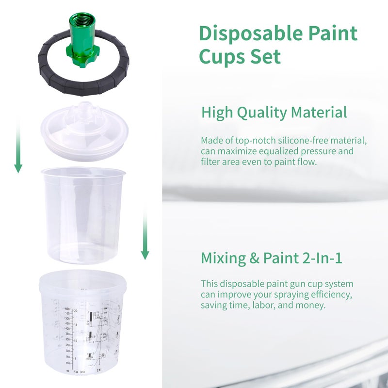 Zeinlenx HVLP Spray Gun with 10Pcs 600ML Disposable Paint Cups, 4 Nozzles,1.4/1.7/2.0/2.5mm, Automotive Gravity Feed Paint Spray Gun Kit with Air Compressor Regulator for Auto (Green) - Image 5