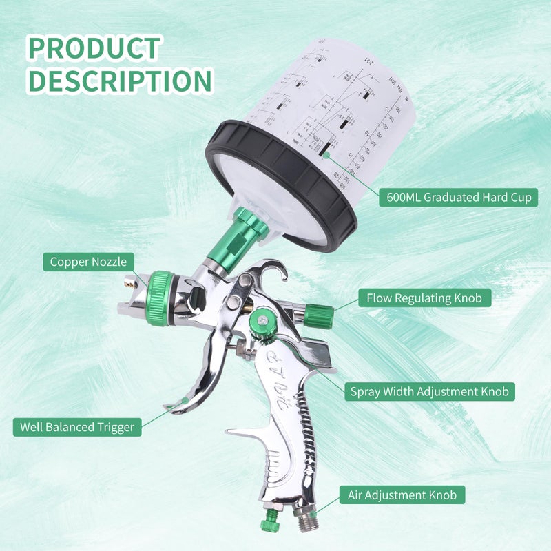 Zeinlenx HVLP Spray Gun with 10Pcs 600ML Disposable Paint Cups, 4 Nozzles,1.4/1.7/2.0/2.5mm, Automotive Gravity Feed Paint Spray Gun Kit with Air Compressor Regulator for Auto (Green) - Image 3