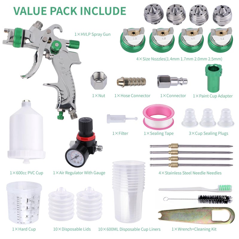 Zeinlenx HVLP Spray Gun with 10Pcs 600ML Disposable Paint Cups, 4 Nozzles,1.4/1.7/2.0/2.5mm, Automotive Gravity Feed Paint Spray Gun Kit with Air Compressor Regulator for Auto (Green) - Image 4