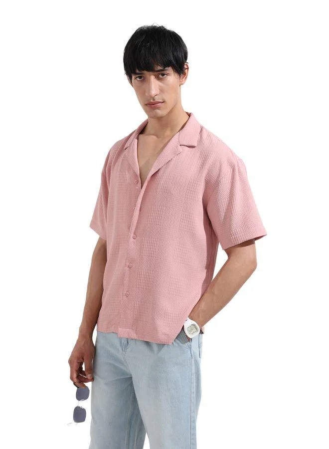 The Indian Garage Co Men Relaxed Fit Textured Cuban Collar Half Sleeves Shirt