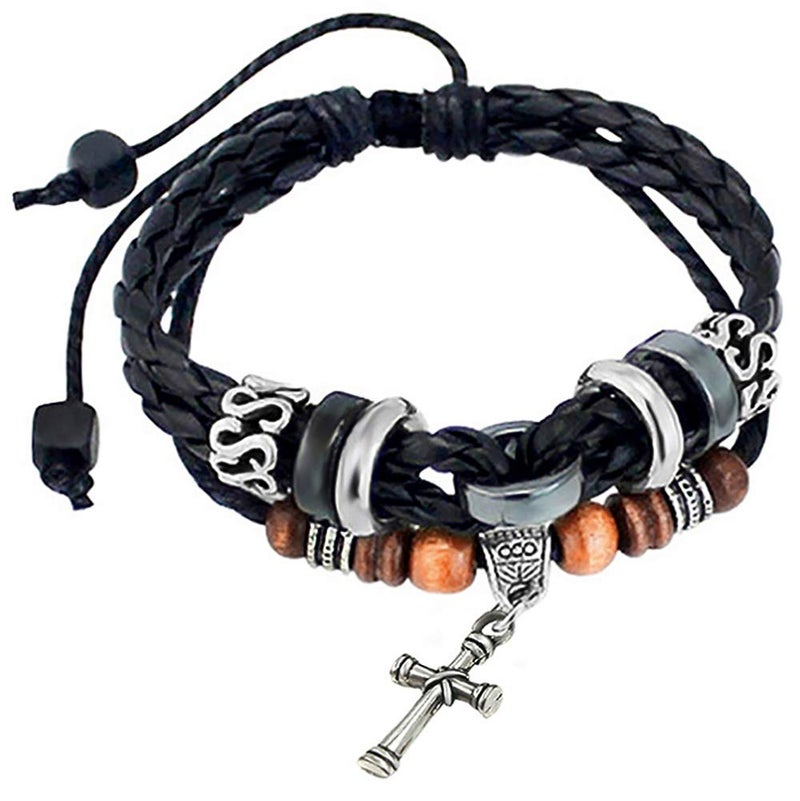 Suyi Multilayer Adjustable Leather Woven Braided Bangle Cross Bracelet Leaf Wrist Cuff Wristband Cblack - Image 1