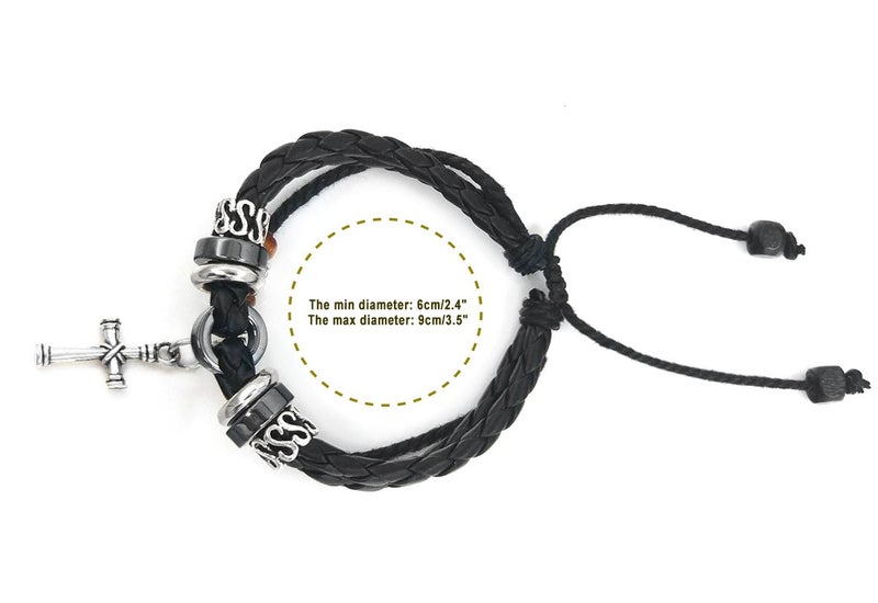 Suyi Multilayer Adjustable Leather Woven Braided Bangle Cross Bracelet Leaf Wrist Cuff Wristband Cblack - Image 3