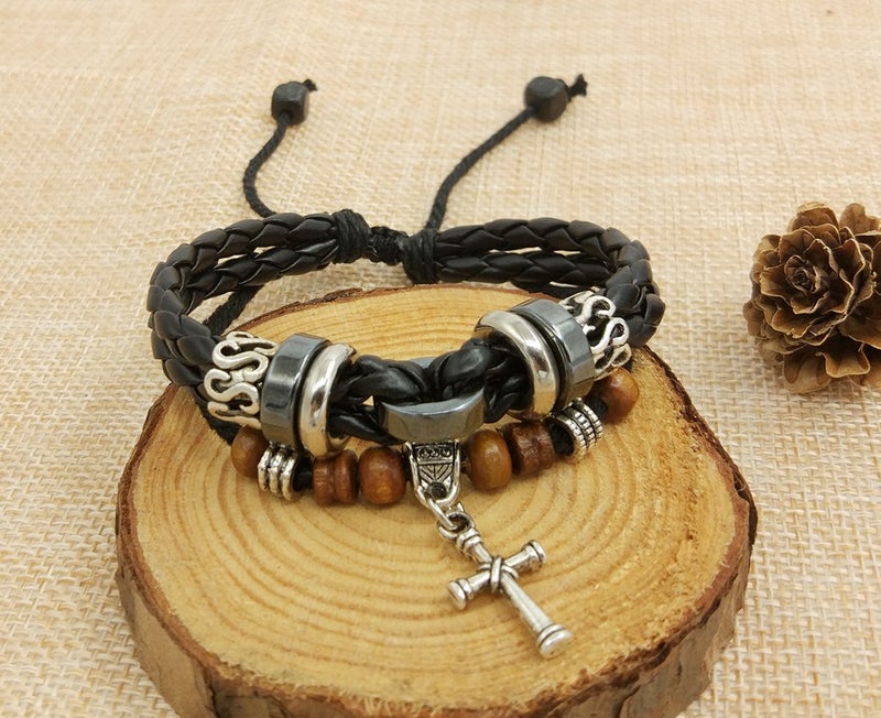Suyi Multilayer Adjustable Leather Woven Braided Bangle Cross Bracelet Leaf Wrist Cuff Wristband Cblack - Image 4