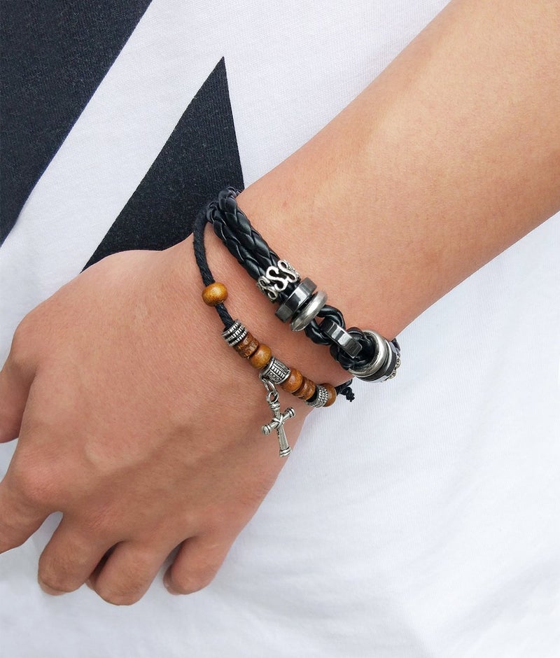 Suyi Multilayer Adjustable Leather Woven Braided Bangle Cross Bracelet Leaf Wrist Cuff Wristband Cblack - Image 2