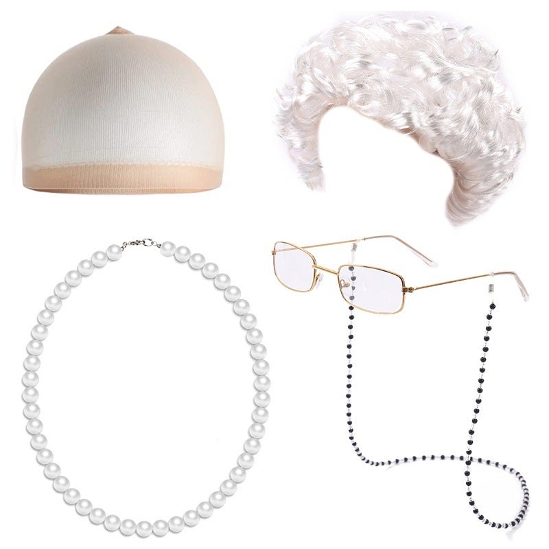 Generic Halloween Granny Wig Cosplay Curly Hair Costume Set White curly hair five-piece set