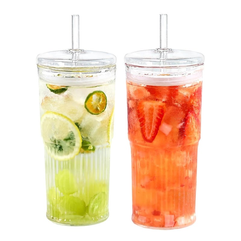 HAPPY BORN Glass Tumblers with Lid and Straw Smoothie Cup Sipper Iced Coffee Cups Glass Cups with Lids and Straws for Water Juice Iced Tea Drink Mug Transparent Tumbler 570ml Pack of 2 - Image 1