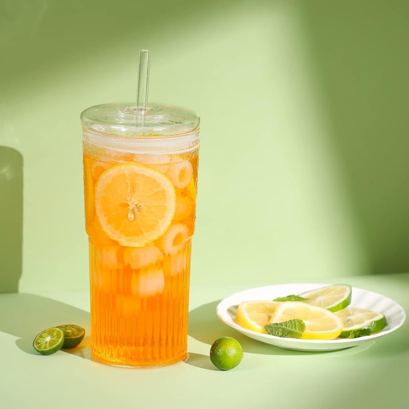 HAPPY BORN Glass Tumblers with Lid and Straw Smoothie Cup Sipper Iced Coffee Cups Glass Cups with Lids and Straws for Water Juice Iced Tea Drink Mug Transparent Tumbler 570ml Pack of 2 - Image 3