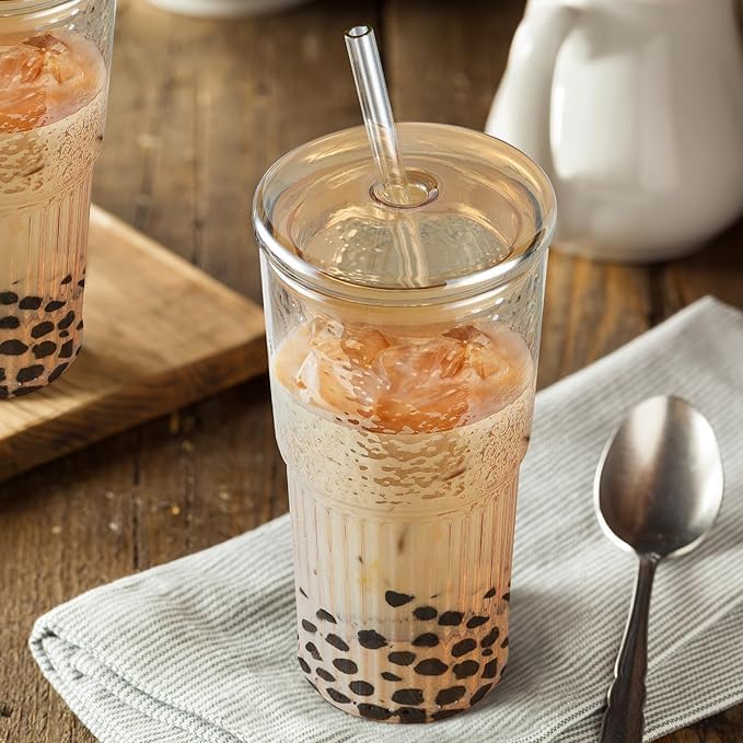 HAPPY BORN Glass Tumblers with Lid and Straw Smoothie Cup Sipper Iced Coffee Cups Glass Cups with Lids and Straws for Water Juice Iced Tea Drink Mug Transparent Tumbler 570ml Pack of 2 - Image 2