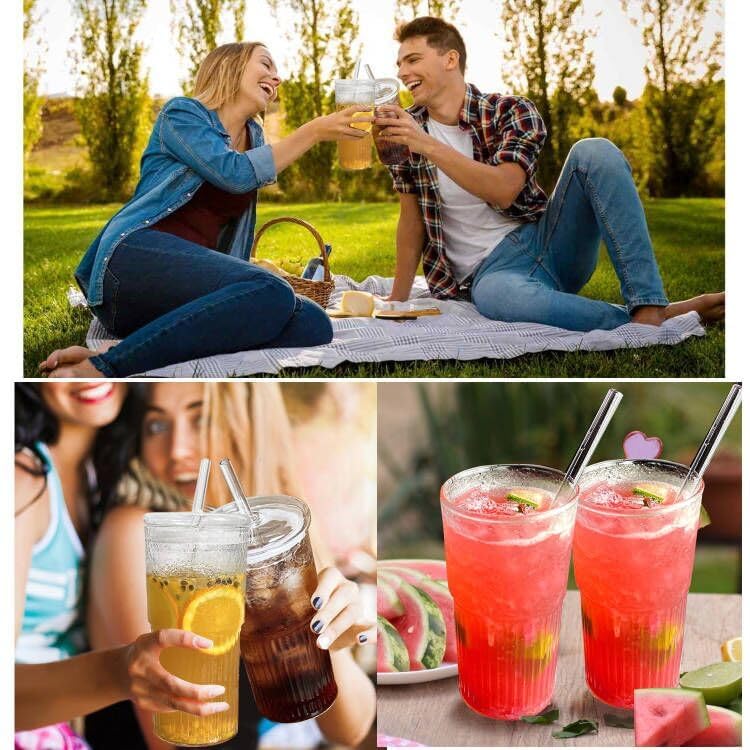 HAPPY BORN Glass Tumblers with Lid and Straw Smoothie Cup Sipper Iced Coffee Cups Glass Cups with Lids and Straws for Water Juice Iced Tea Drink Mug Transparent Tumbler 570ml Pack of 2 - Image 4