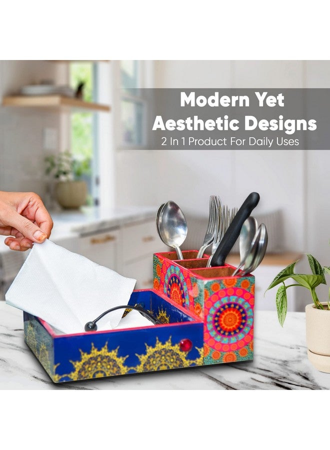 CRAFTY ESSENTIALS Wooden Cutlery and Tissue Paper Holder Kitchen Organiser Cutlery Holder for Multifunctional Organiser Stand with Special Enamel Coating for Dining Table and Kitchen 10x8x4 inch - Image 3