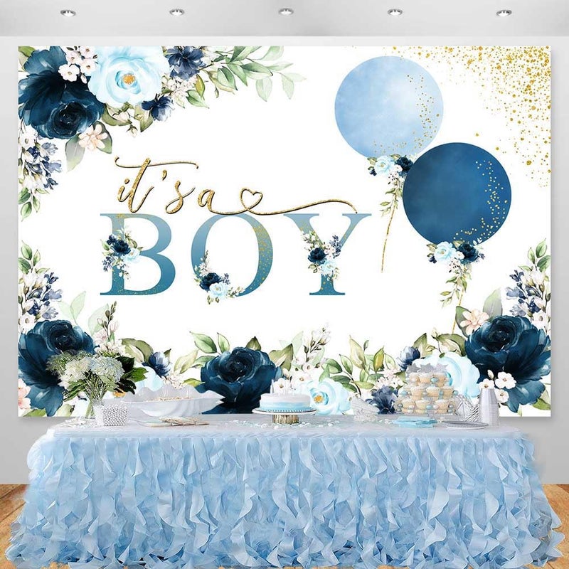 Sensfun It's A Boy Baby Shower Backdrop Navy Blue Floral Watercolor Balloons Baby Shower Party Decorations Glitter Gold Dots Boy Newborn Cake Table Banner Photoshoot Photography Background 7x5ft - Image 2