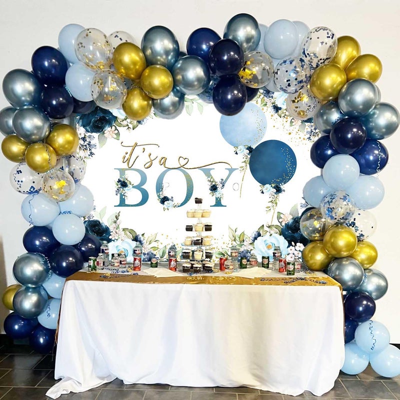 Sensfun It's A Boy Baby Shower Backdrop Navy Blue Floral Watercolor Balloons Baby Shower Party Decorations Glitter Gold Dots Boy Newborn Cake Table Banner Photoshoot Photography Background 7x5ft - Image 4