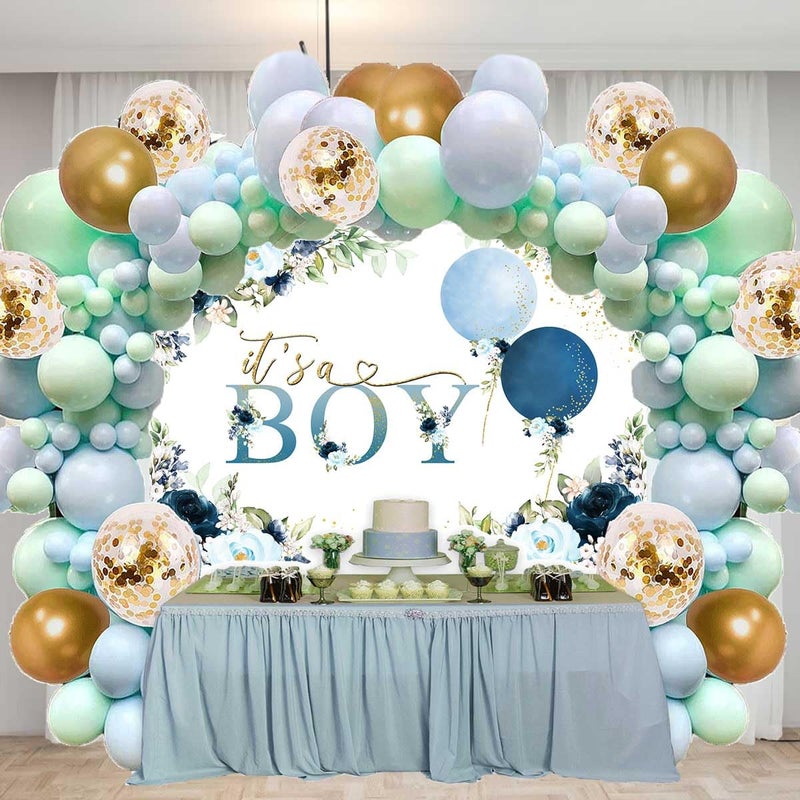 Sensfun It's A Boy Baby Shower Backdrop Navy Blue Floral Watercolor Balloons Baby Shower Party Decorations Glitter Gold Dots Boy Newborn Cake Table Banner Photoshoot Photography Background 7x5ft - Image 3
