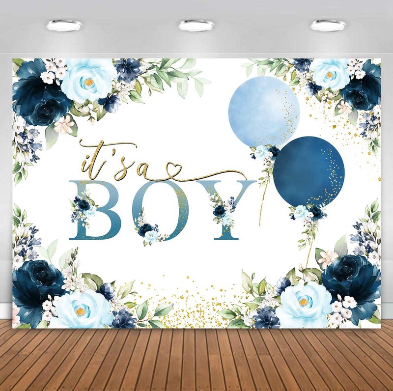 Sensfun It's A Boy Baby Shower Backdrop Navy Blue Floral Watercolor Balloons Baby Shower Party Decorations Glitter Gold Dots Boy Newborn Cake Table Banner Photoshoot Photography Background 7x5ft - Image 1