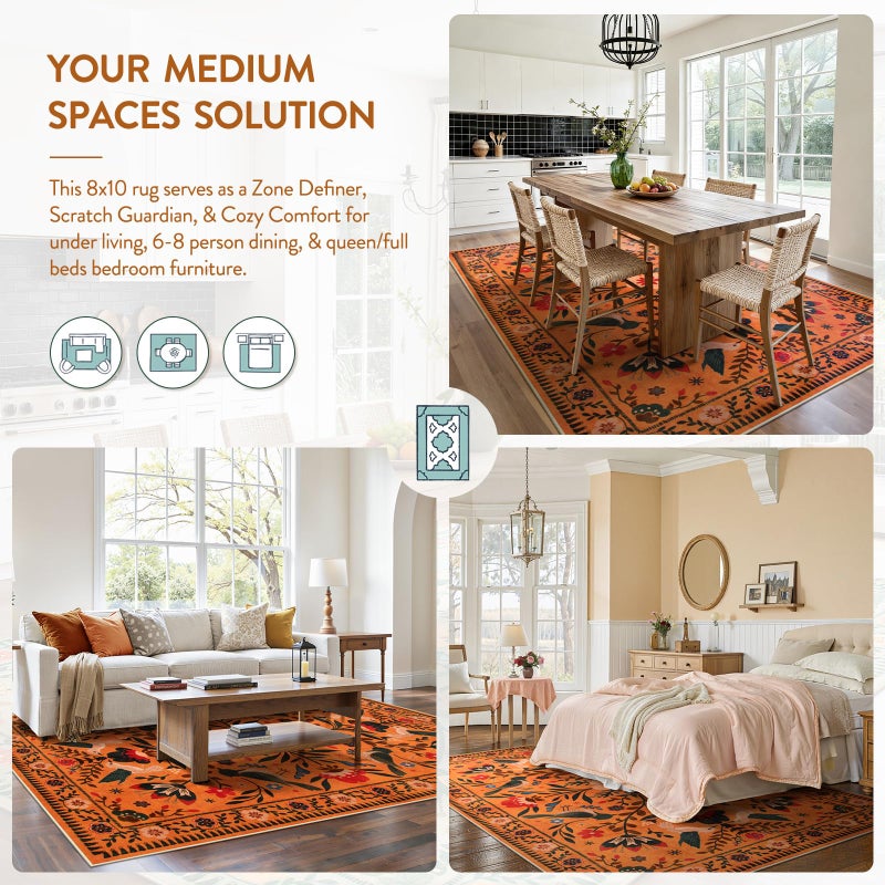 Moynesa Washable 8x10 Area Rugs for Living Room Bedroom Dining Room, Bohemian Scandinavian Modern Country Aesthetic Floral Bird Medallion Carpet, Fall Home Decor Open Floor Areas Protection Non-Slip - Image 4