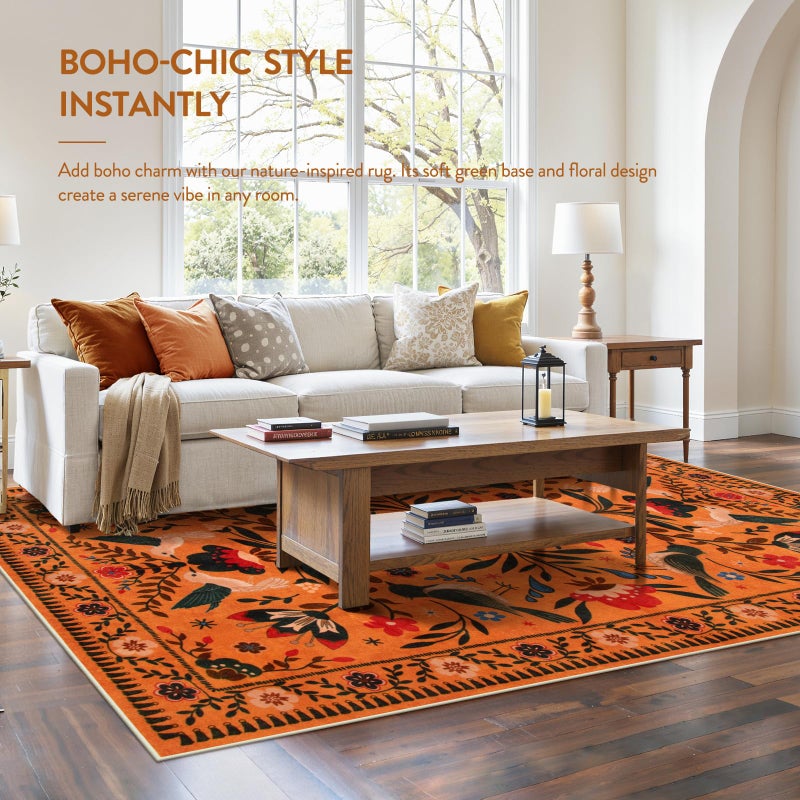 Moynesa Washable 8x10 Area Rugs for Living Room Bedroom Dining Room, Bohemian Scandinavian Modern Country Aesthetic Floral Bird Medallion Carpet, Fall Home Decor Open Floor Areas Protection Non-Slip - Image 2
