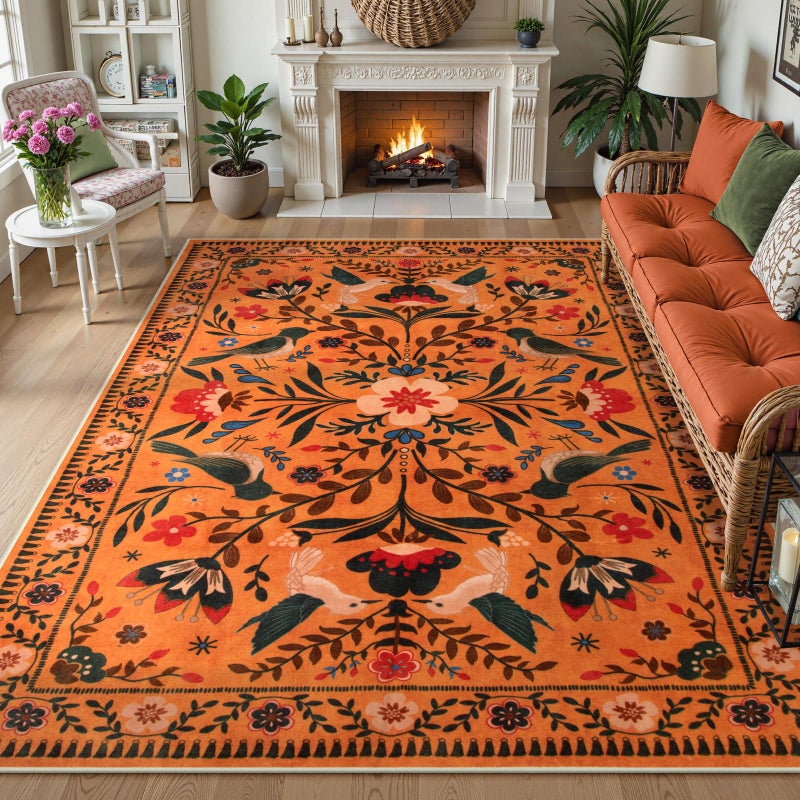 Moynesa Washable 8x10 Area Rugs for Living Room Bedroom Dining Room, Bohemian Scandinavian Modern Country Aesthetic Floral Bird Medallion Carpet, Fall Home Decor Open Floor Areas Protection Non-Slip - Image 1