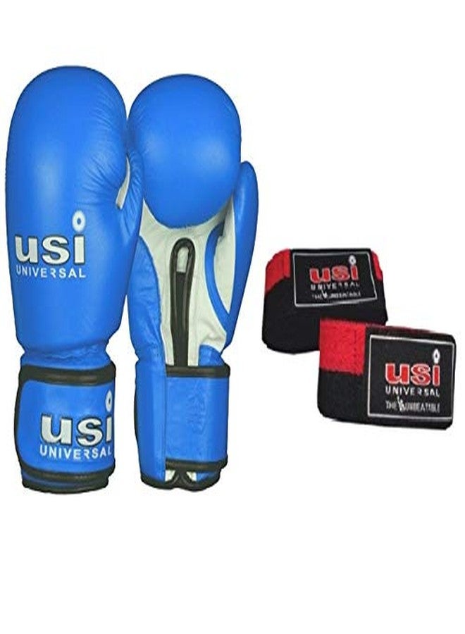 USI Amateur Leather Boxing Gloves with Hand Wrap Pair for Hard Punch Bagwork (10OZ, Blue) - Image 1