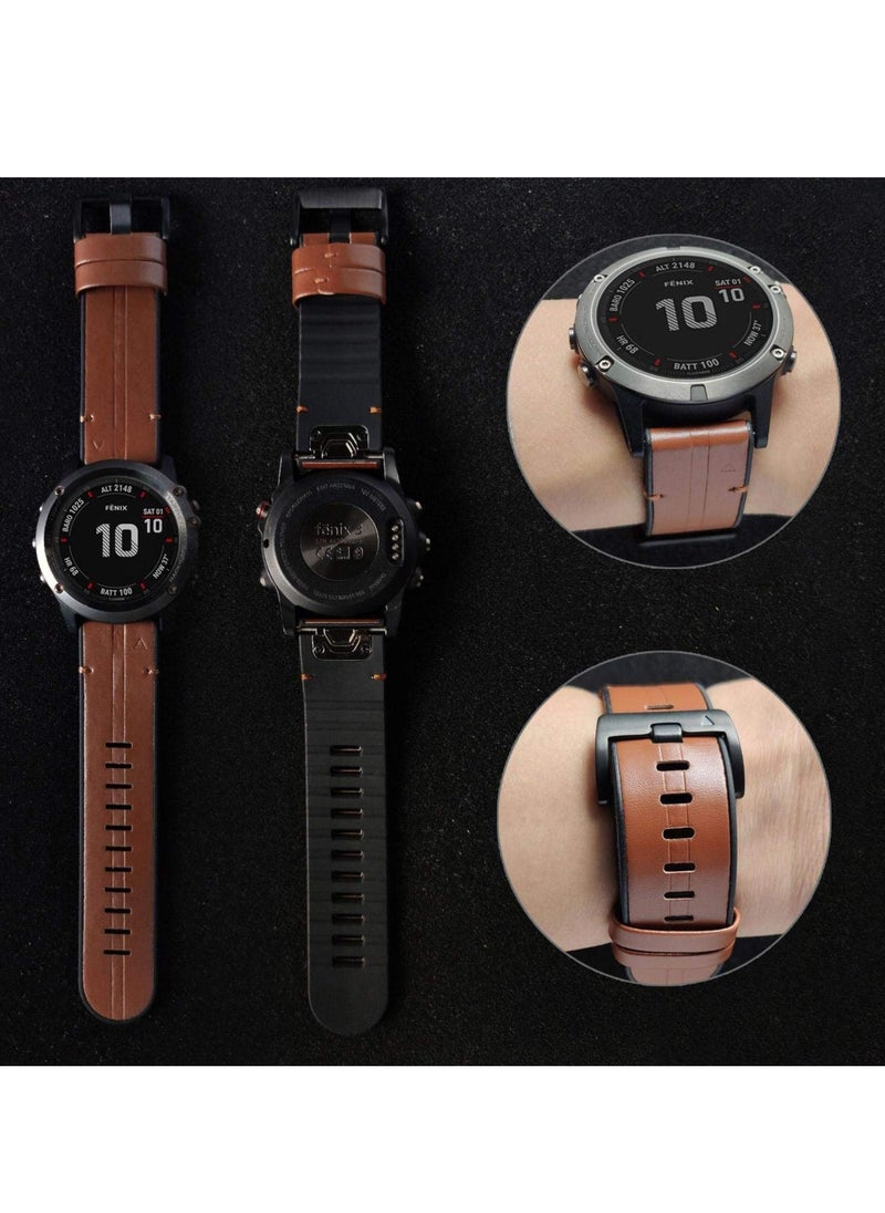 Y&D Watch Strap for Garmin Fenix 6X/ 5X/ 6/5, 26mm Soft Genuine Leather Hybrid Silicone Sweat Resistant Wristband, Quick and Easy Fit, (Brown)  - Image 2