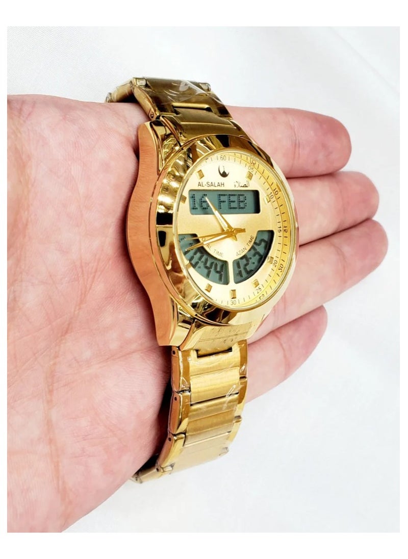 Luxury Lslamic Prayer Watch Two Times for the Call to Prayer and Prayer Times, Gold Stainless Steel