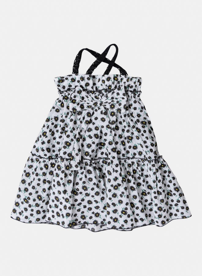 فستان أبيض وأسود للبنات بطبعة زهور