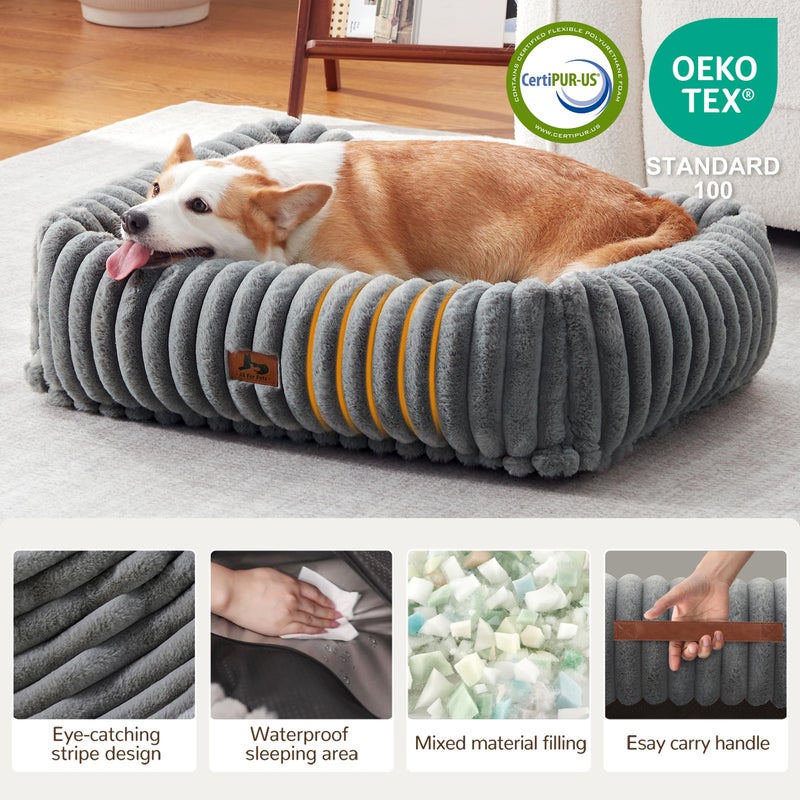 Warmrest Washable Dog Bed for Small Medium Dogs - Rectangle Orthopedic Corduroy Fleece Pet Bed with Removable Cover and Nonskid Bottom, Calming Puppy Bed Soft Pet Sofa, Grey(30x24x8inchs) - Image 2