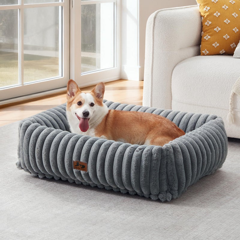 Warmrest Washable Dog Bed for Small Medium Dogs - Rectangle Orthopedic Corduroy Fleece Pet Bed with Removable Cover and Nonskid Bottom, Calming Puppy Bed Soft Pet Sofa, Grey(30x24x8inchs) - Image 1