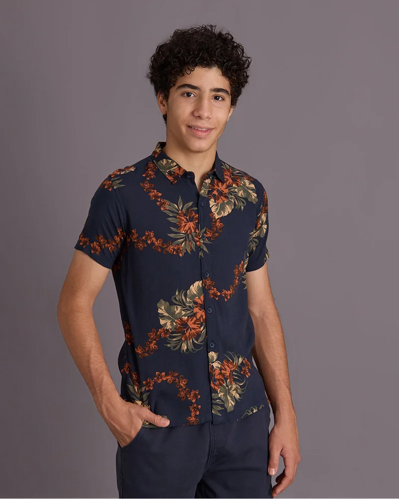 ردتاغ Senior Boys Navy Floral Print Casual Shirt