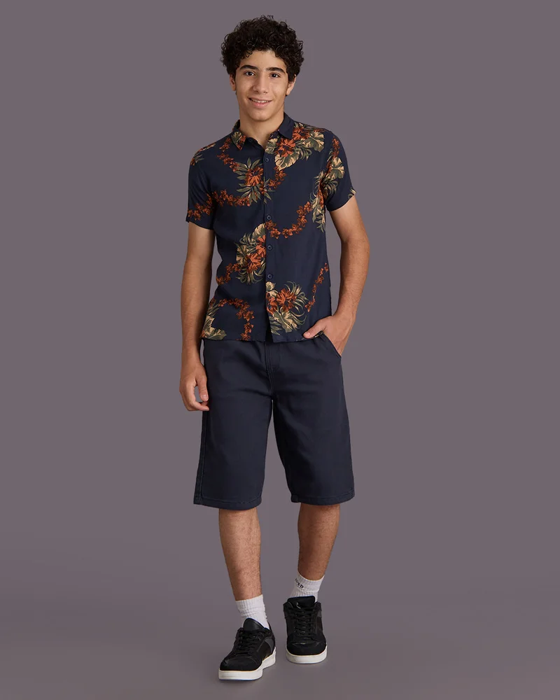 ردتاغ Senior Boys Navy Floral Print Casual Shirt