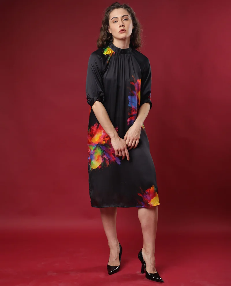 Rareism Women's Abstract Print Satin Statement Midi Dress