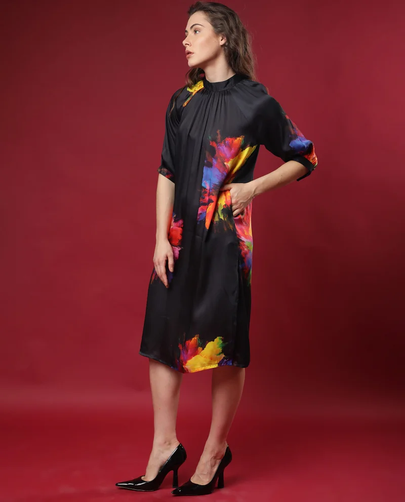 Rareism Women's Abstract Print Satin Statement Midi Dress