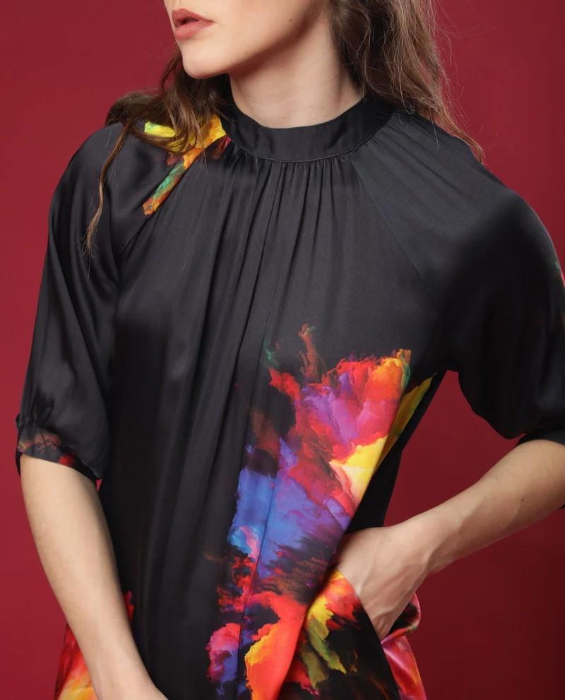 Rareism Women's Abstract Print Satin Statement Midi Dress