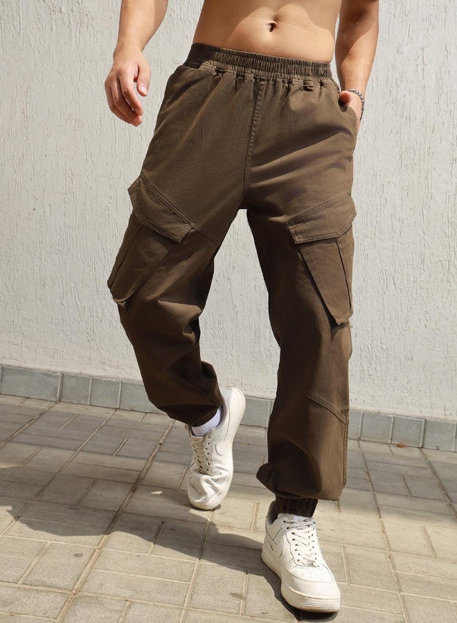 Hubberholme Men's Dark Olive Cotton Blend Solid Pattern Full Length Cargo Relaxed Trouser - Image 2