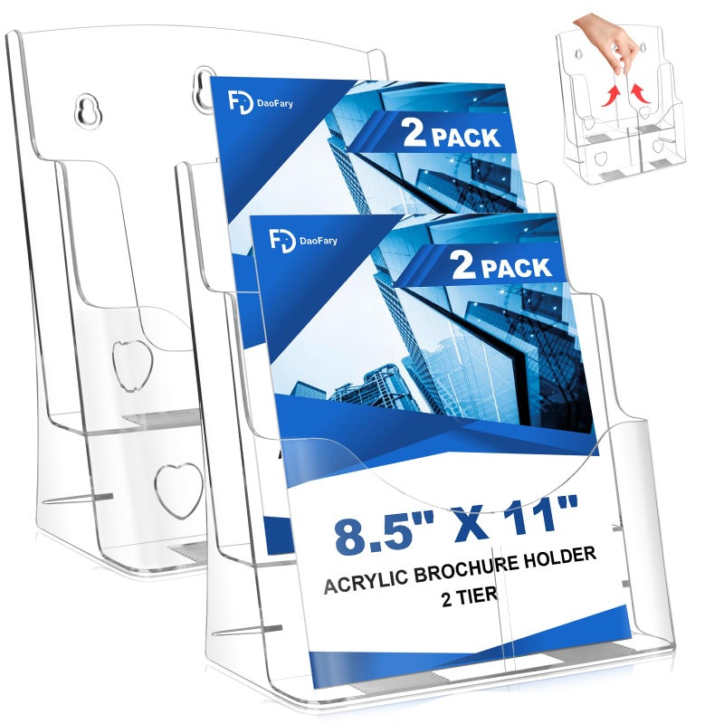 2 Pack Acrylic Brochure Holder 85 x 11 in 2 Tier Brochure Display Stand with Removable Divider for 4 x 9 in Trifold Pamphlets acrylic flyer holder 85 x 11 Stands for Flyer Pamphlet Magazine
