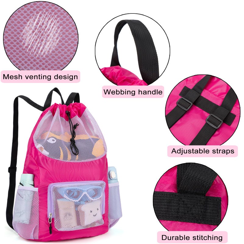 Veious Swim Bag for Kids Mesh Beach Backpack for Boys Lightweight Drawstring Beach Bag Swimming Pool Sports Gym String Bag (Purple) - Image 5