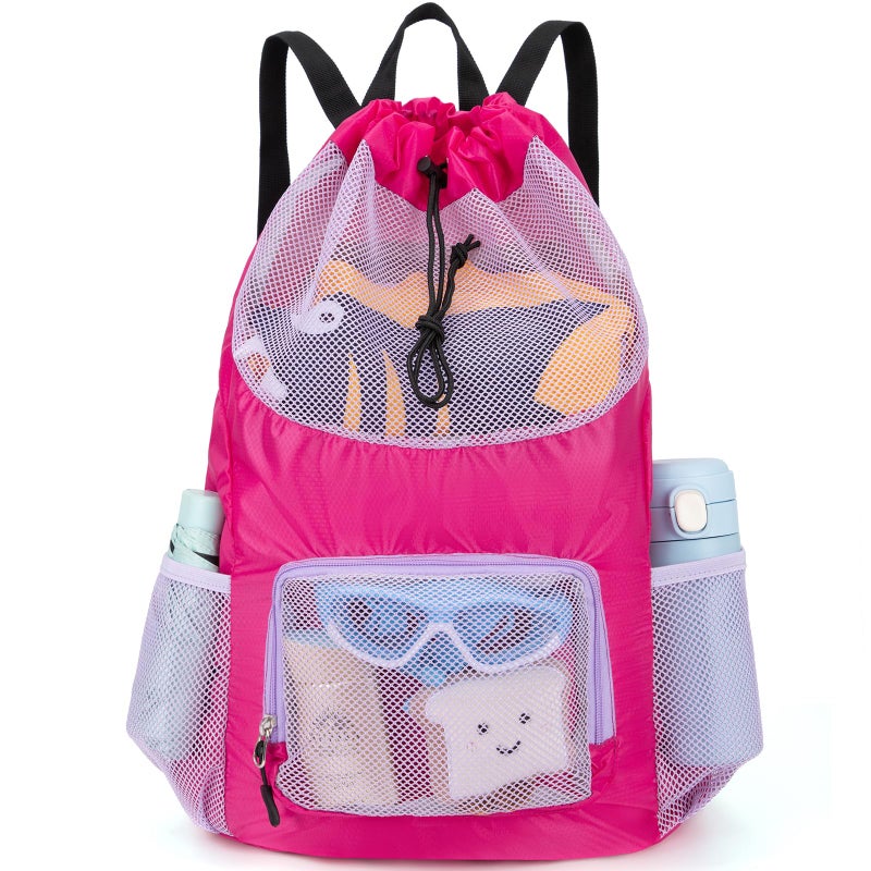 Veious Swim Bag for Kids Mesh Beach Backpack for Boys Lightweight Drawstring Beach Bag Swimming Pool Sports Gym String Bag (Purple) - Image 1