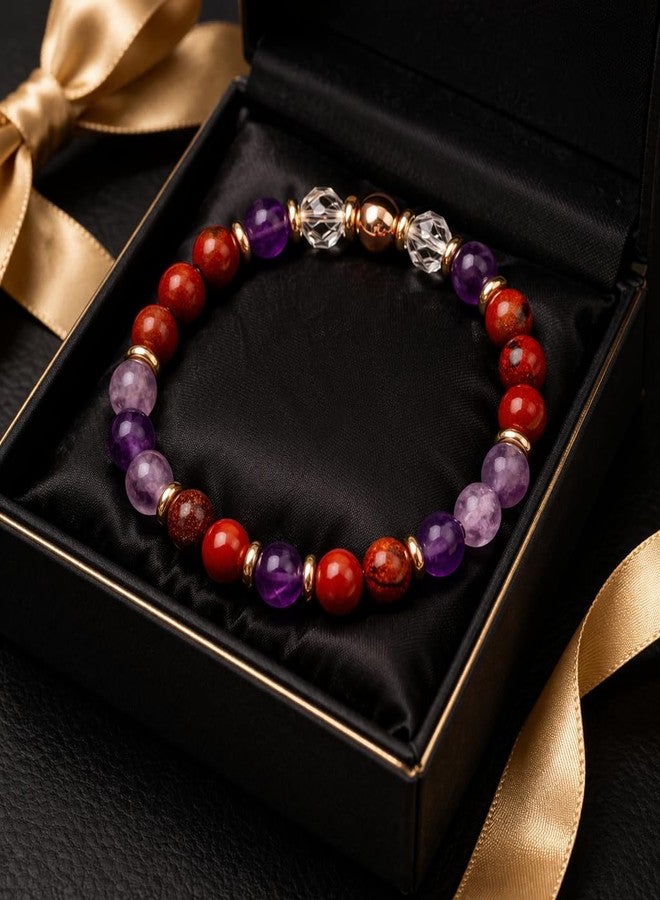 Sukhad Multicolor Natural Stone Beaded Bracelet for Women & Men | Elastic Stretch Healing Crystal Bracelet | Amethyst Red Jasper Clear Quartz with Gold Spacer Beads - Image 5