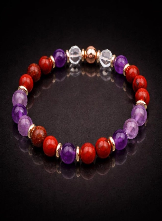 Sukhad Multicolor Natural Stone Beaded Bracelet for Women & Men | Elastic Stretch Healing Crystal Bracelet | Amethyst Red Jasper Clear Quartz with Gold Spacer Beads - Image 3