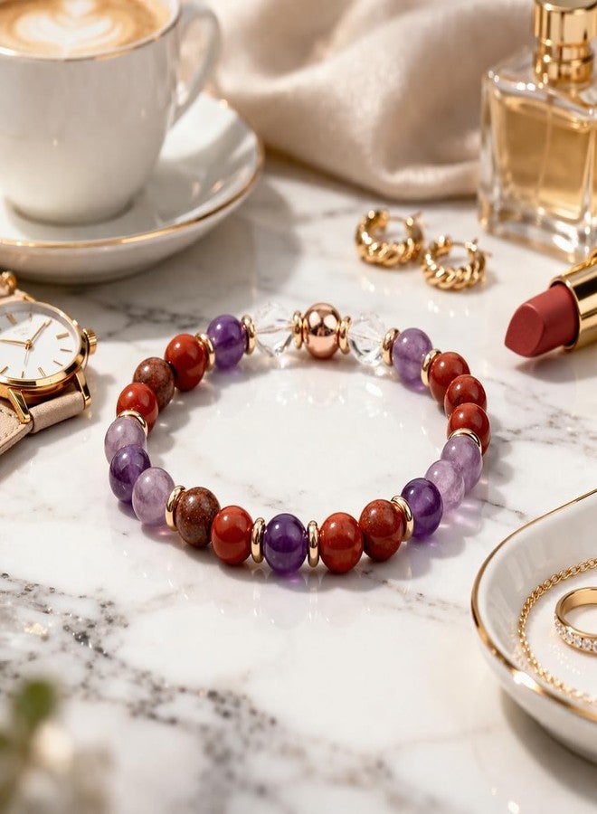 Sukhad Multicolor Natural Stone Beaded Bracelet for Women & Men | Elastic Stretch Healing Crystal Bracelet | Amethyst Red Jasper Clear Quartz with Gold Spacer Beads - Image 2