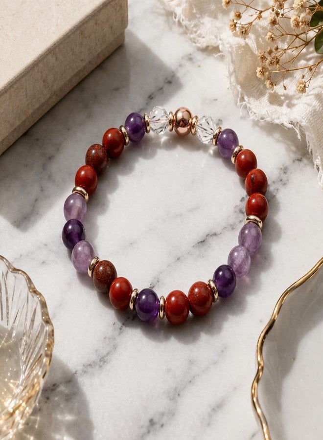 Sukhad Multicolor Natural Stone Beaded Bracelet for Women & Men | Elastic Stretch Healing Crystal Bracelet | Amethyst Red Jasper Clear Quartz with Gold Spacer Beads - Image 4