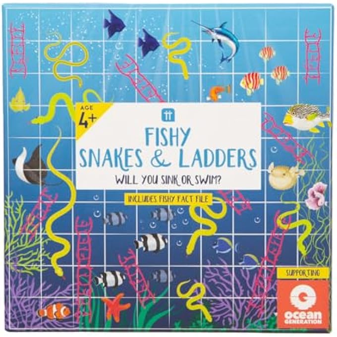 توكينج تيبلز لعبة الثعابين والسلالم ذات الطابع السمكي للأطفال لعبة لوحية كلاسيكية للأطفال مع ملف حقائق المحيط التعليمي FISHSNAKELADDER Fishsnakadder Fishsnakenakelader Fishsnakes - Image 1