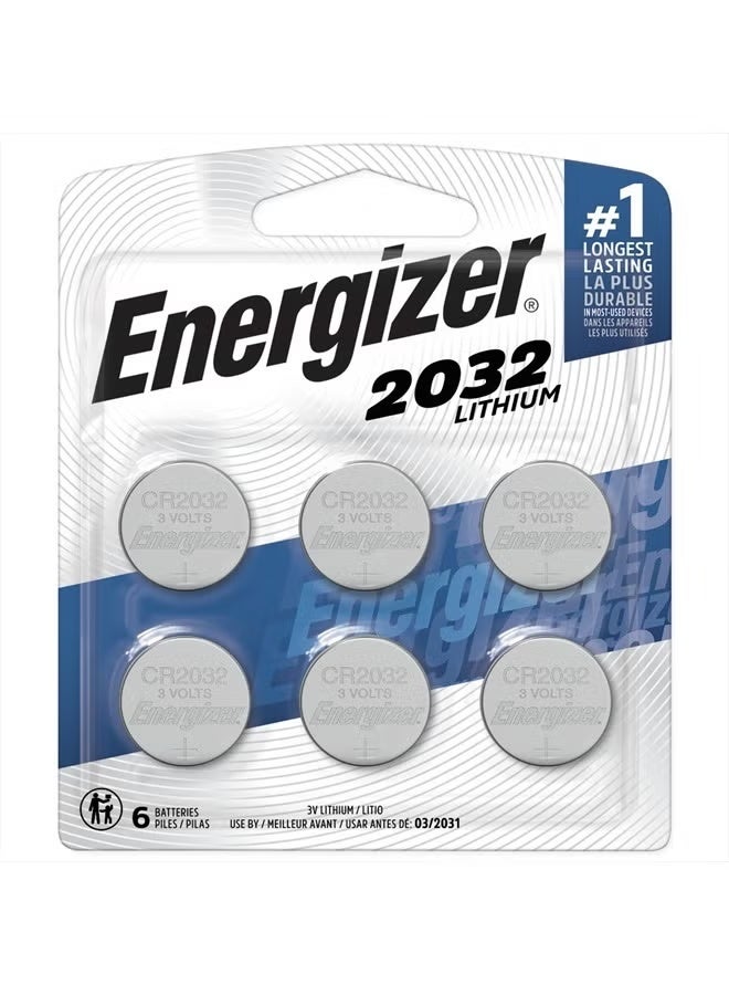 Energizer CR2032 Batteries, 3V Lithium Coin Cell 2032 Watch Battery,White (6 Count)