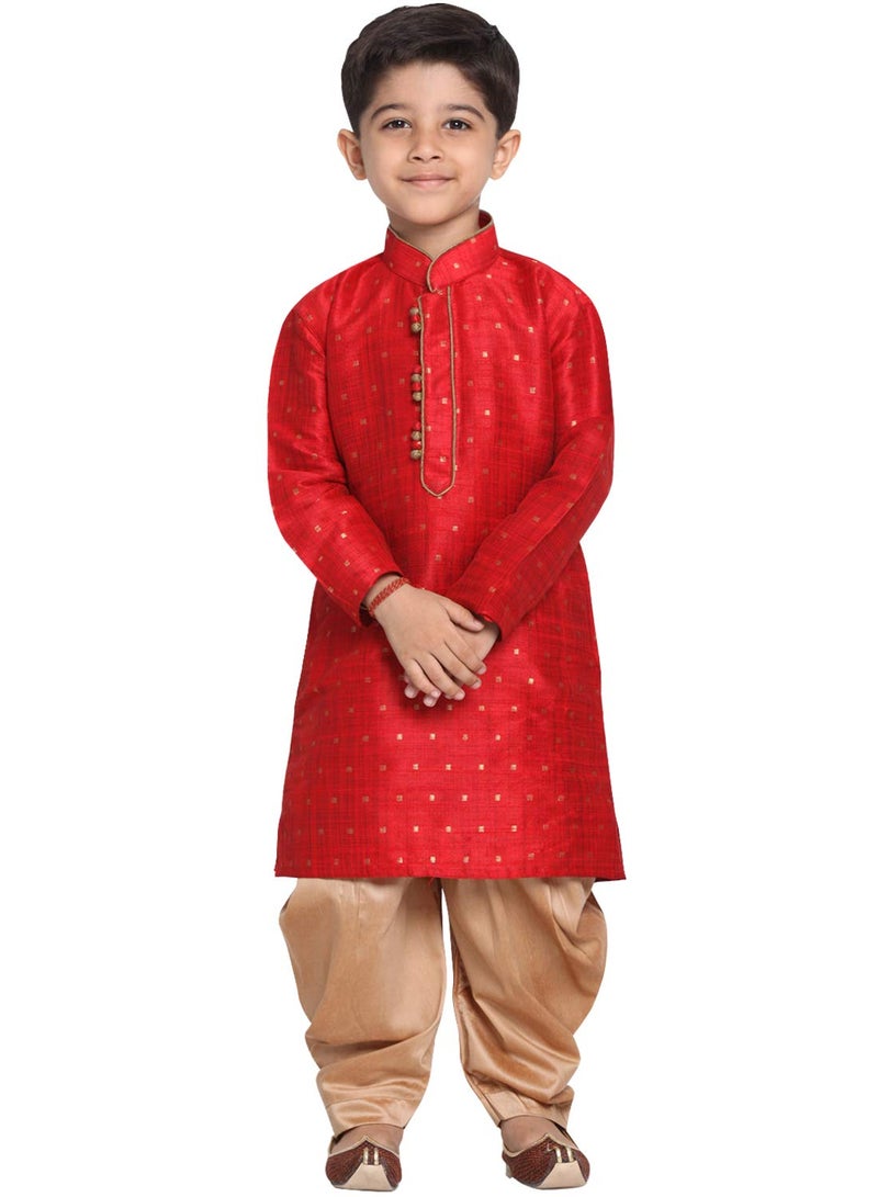 JBN Creation Boys' Maroon and Rose Gold Silk Blend Kurta and Dhoti Pant Set – Perfect for Onam Festival Celebrations, Cultural Events & South Indian Outfit - Image 1