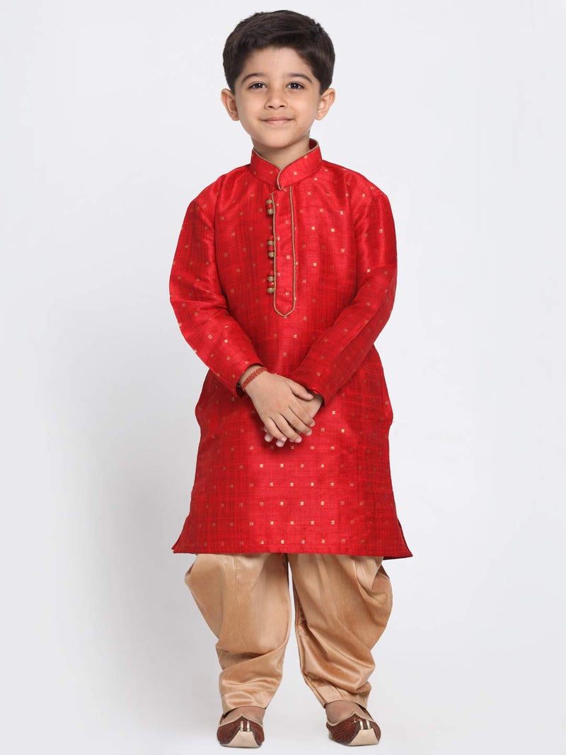 JBN Creation Boys' Maroon and Rose Gold Silk Blend Kurta and Dhoti Pant Set – Perfect for Onam Festival Celebrations, Cultural Events & South Indian Outfit - Image 2