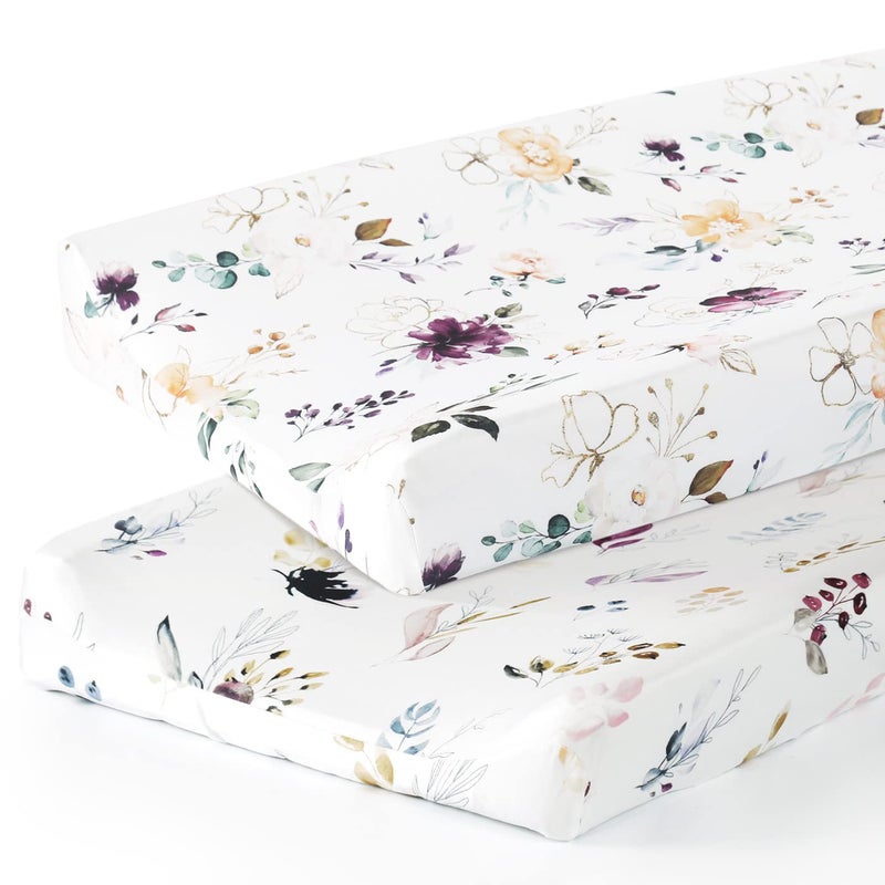 GRSSDER Stretch Ultra Soft Jersey Knit Changing Pad Cover Set 2 PackChange Table Pad Covers Fit 3234 x 16 Pads Safe and SnugWatercolor Pretty Purple Flora for Girls